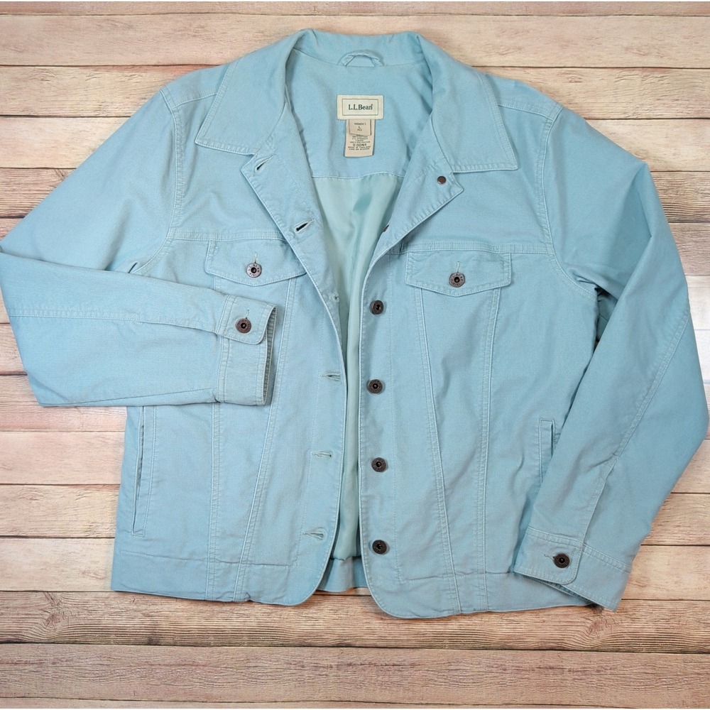 LL Bean Jacket Womens Large Regular Light Blue Lined Button Front Granola Girl